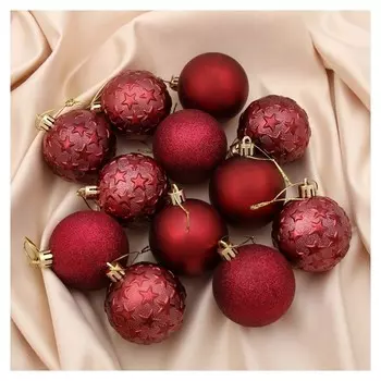 Набор шаров пластик D-6 см, 12 шт "Звёздный" бордовый