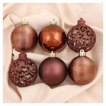 Набор шаров пластик D-6 см, 16 шт "Ажурный блеск" коричневый