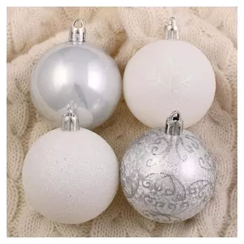 Набор шаров пластик D-6 см, 16 шт "Морозный узор" серебристо-белый