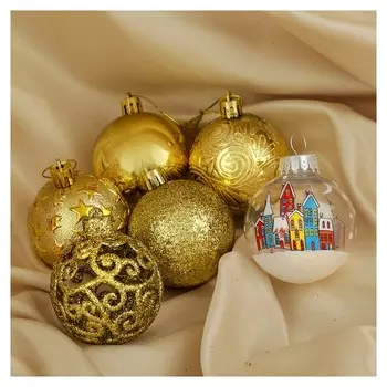Набор шаров пластик D-6 см, 24 шт "Зимний домик" золото