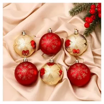 Набор шаров пластик D-6 см, 6 шт "Беата узоры" золотисто-красный