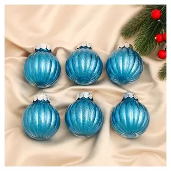 Набор шаров пластик D-6 см, 6 шт "Диодора полоски блеск" голубой