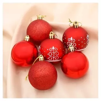 Набор шаров пластик D-6 см, 6 шт "Ёлочка из завитков" красный