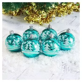 Набор шаров пластик D-6 см, 6 шт "Ёлочки в лесу" голубой