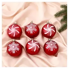 Набор шаров пластик D-6 см, 6 шт "Снежинки" красный