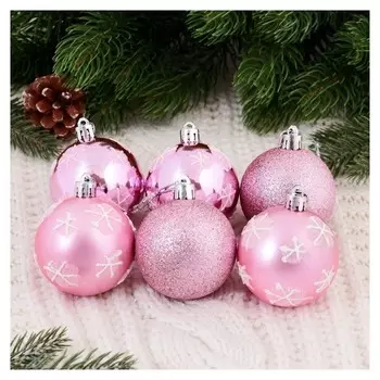 Набор шаров пластик D-6 см, 6 шт "Снежиночки" розовый