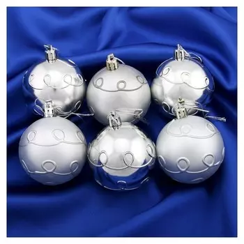 Набор шаров пластик D-6 см, 6 шт "Вензеля" серебристый