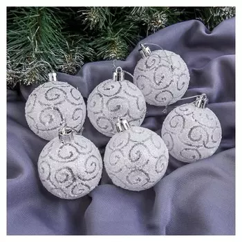 Набор шаров пластик D-6 см, 6 шт "Волшебные узоры" белый