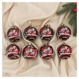 Набор шаров пластик D-6 см, 8 шт "Дед мороз на автомобиле" красный