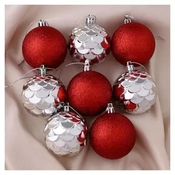 Набор шаров пластик D-6 см, 8 шт "Шишечки и блеск" серебристо-красный