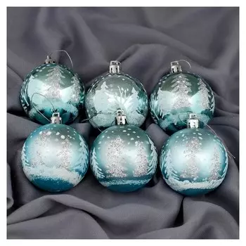 Набор шаров пластик D-6 см, 8 шт "Снежные ёлки" голубой