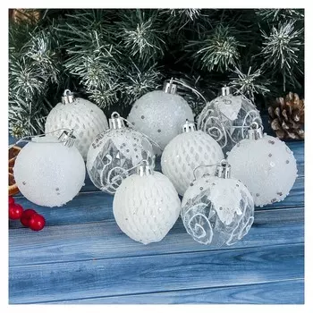 Набор шаров пластик D-6 см, 9 шт "Снежная изморозь" белый
