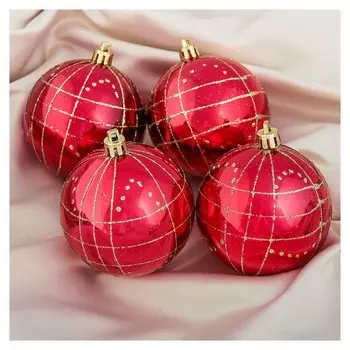 Набор шаров пластик D-7,5 см, 4 шт "Золотая сеточка" красный