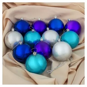 Набор шаров пластик D-8 см, 12 шт "Глянец" серебристо-синий