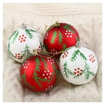 Набор шаров пластик D-8 см, 4 шт "Еловые веточки" красно-белый