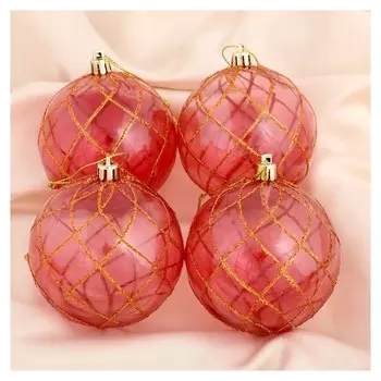 Набор шаров пластик D-8 см, 4 шт "Золотая сеточка" розовый