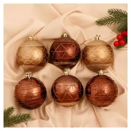 Набор шаров пластик D-8 см, 6 шт "Корнелия узоры" золотисто-коричневый