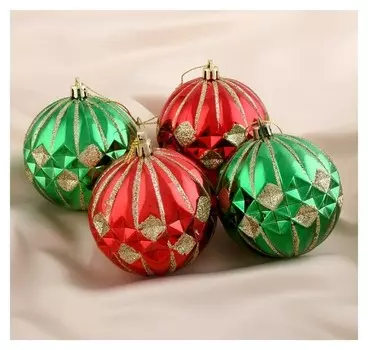 Набор шаров пластик D-8 см, 6 шт "Санта" красно-зелёный