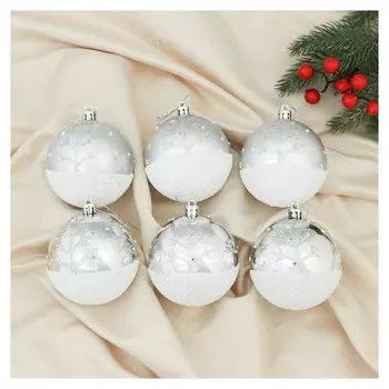 Набор шаров пластик D-8 см, 6 шт "Заснеженный лес" серебро
