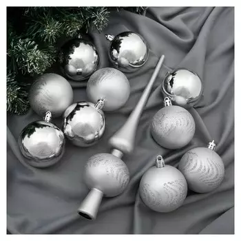 Набор шаров пластик с верхушкой 21 шт "Изгибы" (20 шаров, верхушка) серебро