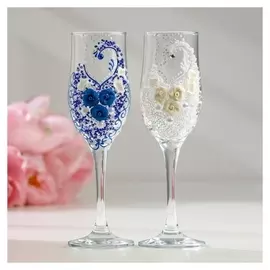 Набор свадебных бокалов "Шик", с розочками, сине - белый