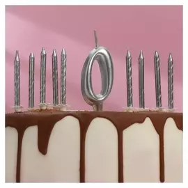 Набор свечей для торта (2 в 1) серебряная цифра "0"+ свечи"С днём рождения" серебро 10шт