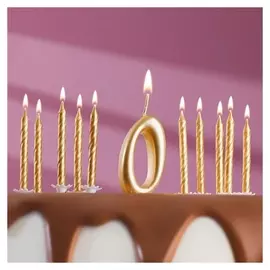Набор свечей для торта (2 в 1) золотая цифра "0"+ свечи"С днём рождения" золотые 10 шт