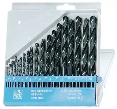 Набор сверл по металлу, 1-10 мм (через 0,5 мм), HSS, 19 шт., пластиковый бокс, цилиндрический хвостовик, Sparta