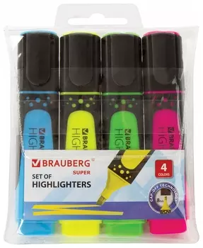 Набор текстовыделителей Brauberg 4 шт., "Super", прорезиненный корпус, линия 1-5 мм, 151746