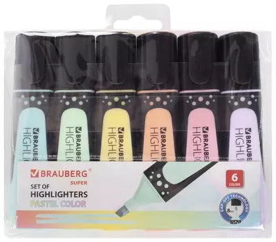 Набор текстовыделителей Brauberg 6 шт., "Super Pastel", прорезиненный корпус, линия 1-5 мм, 151757