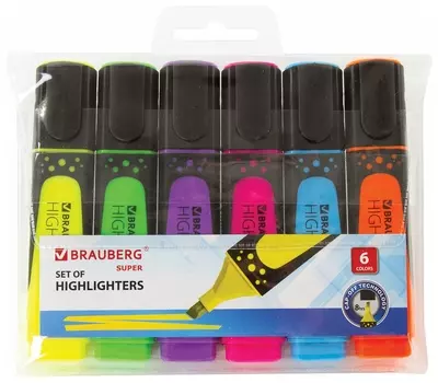 Набор текстовыделителей Brauberg 6 шт., "Super", прорезиненный корпус, линия 1-5 мм, 151747