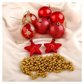 Набор украшений пластик 16 шт "Селена" (9 шаров, 6 звёзд, бусы) красный