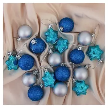 Набор украшений пластик 18 шт "Звёздный" (12 шаров D-4 см, 6 звёзд) синий, серебро