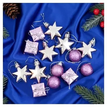 Набор украшений пластик 19 шт "Фортуна" (5 подарков, 6 шаров, 8 звёзд) сиреневый