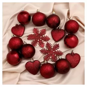 Набор украшений пластик 30 шт "Амур" (16 шаров, 6 сердец, 8 снежинок) красный