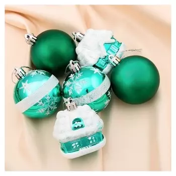 Набор украшений пластик 6 шт "домик" (4 шара, 2 домика) 6 см зелёный