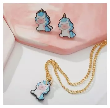 Набор "Выбражулька" 2 предмета: пусеты, кулон, единорожек милый, цвет бело-голубой