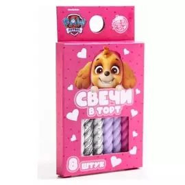Набор витых свеч в торт 8 шт "С днем рождения" розовый, щенячий патруль
