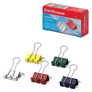 Набор зажимов для бумаг 15 мм, 12 шт., в картонной коробке, цветные, Erich Krause