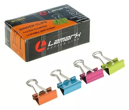 Набор зажимов для бумаг 15 мм, 12 шт., в упаковке, неоновые цвета