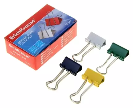 Набор зажимов для бумаг 19 мм, 12 штук в картонной коробке, цветные Erich Krause