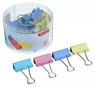 Набор зажимов для бумаг, цветных, 41 мм, 24 шт., 4 цвета, в пластиковой тубе, Calligrata