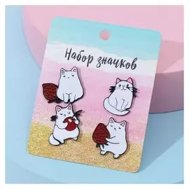 Набор значков (4шт) "Котик" с ягодой, форма цвет бело-красный в сером металле