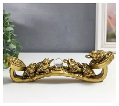 Нэцке полистоун под бронзу "5 жаб на жезле Жуи" 6,5х7,5х25 см