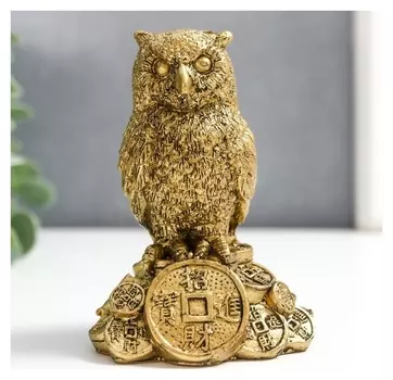 Нэцке полистоун под бронзу "Филин на монетах" 9,5х5х7 см