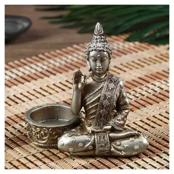 Нэцке полистоун под серебро подсвечник "Будда - медитация" 10,5х5,3х11 см