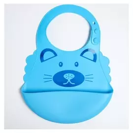 Нагрудник силиконовый с карманом, "Котик", цвет голубой
