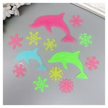 Наклейка фосфорная пластик "Снежинки и дельфины" набор 12 шт 17х12 см