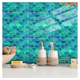 Наклейка на кафельную плитку "Плитка в форме чешуи сине-зелёная" набор 6 шт 15х15 см