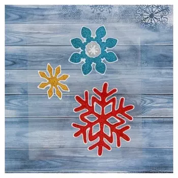 Наклейка на стекло "Снежинки" 10,5 см 8,5 см, 5,5 см, красный, жёлтый, синий